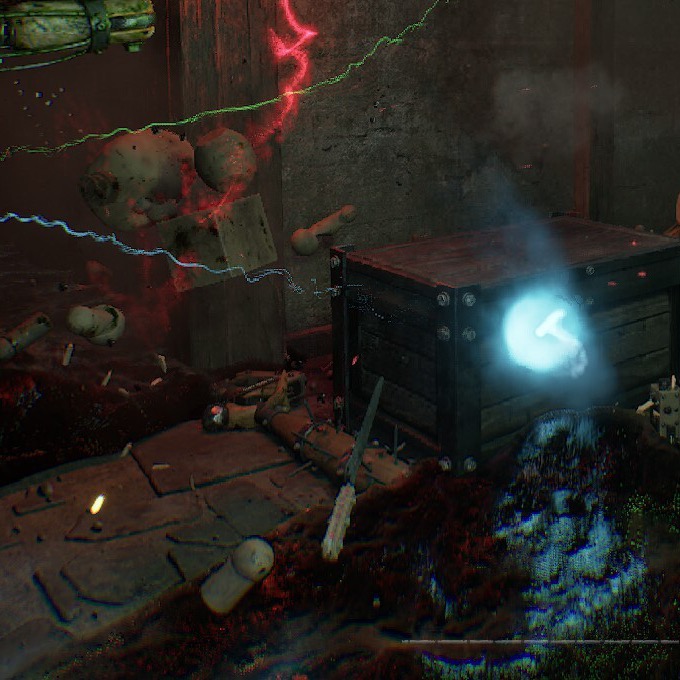 A glowing artifact orb resting on a crate — GRAIN ROT gameplay