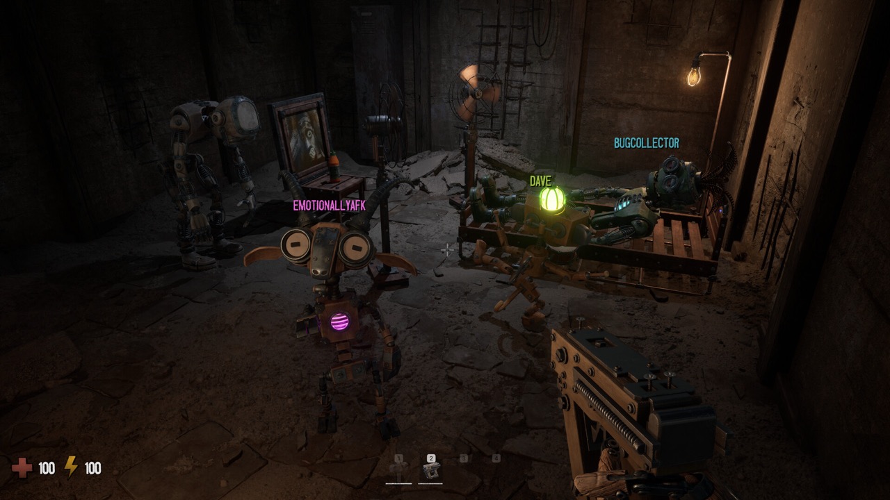 A crew pushing through a dark deep-layer chamber — GRAIN ROT gameplay